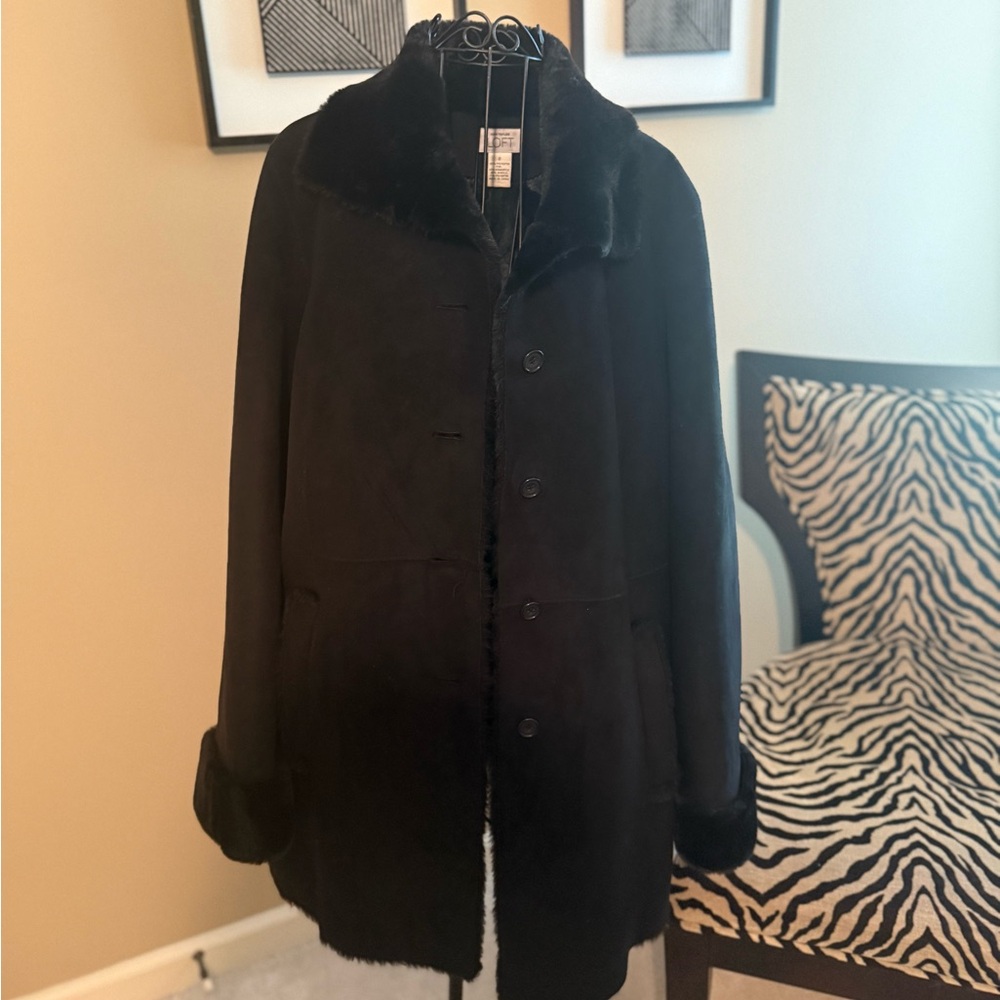 LOFT Black Faux Fur Trim Coat